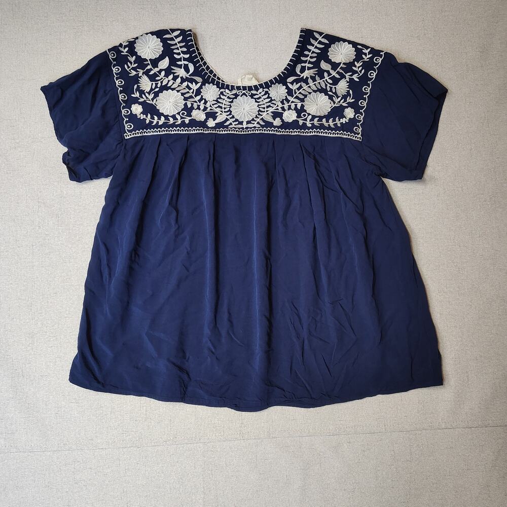 Layerz Clothing Navy Embroidered Floral Blouse Western Boho Peasant Top